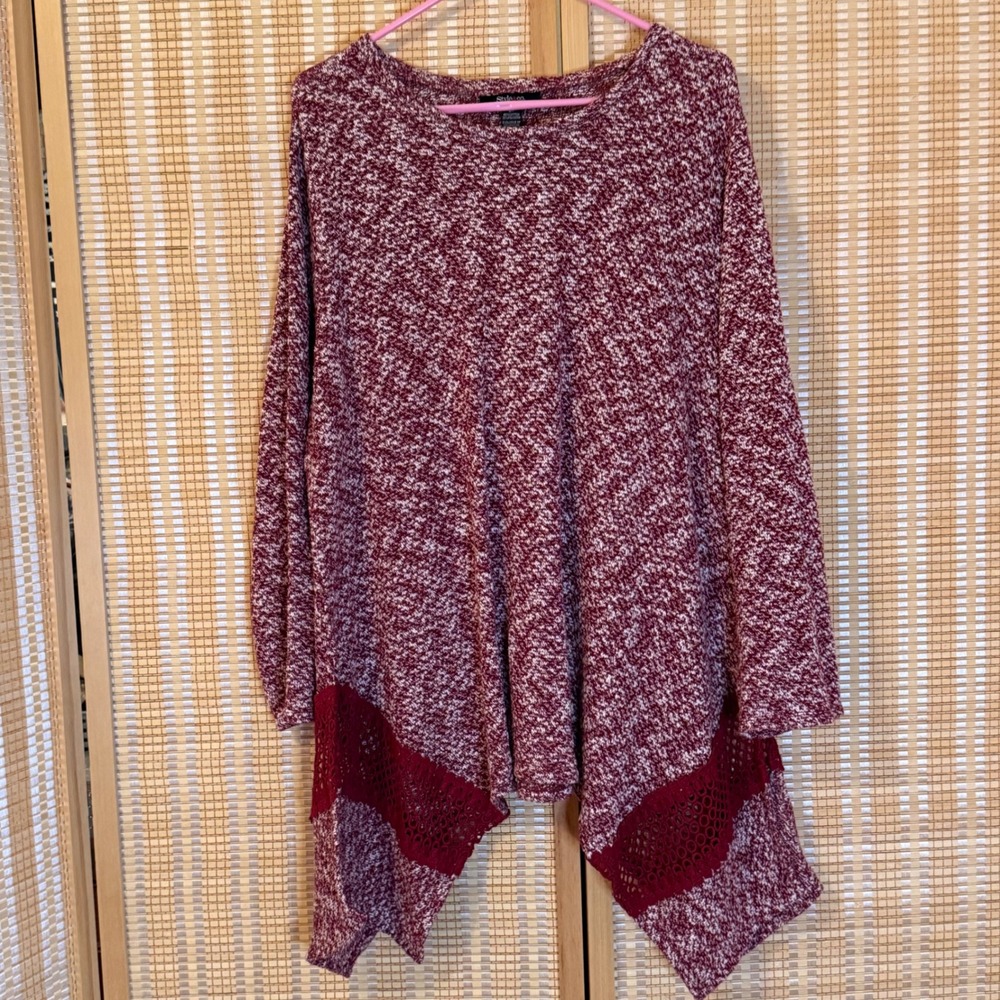 Style‎ & Co Woman 3X Burgundy Space Dye Sharkbite Hem Crochet Lace Tunic Sweater